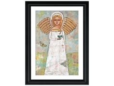 an angel with wings is shown in a black frame