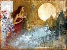 a painting of a woman in a red dress holding a birdcage and looking at the moon