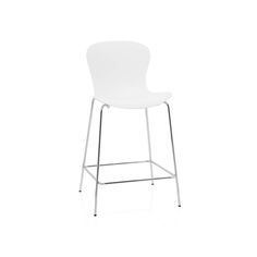 a white stool with a metal frame and legs on an isolated white background, the seat is upholstered