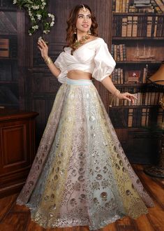 Archana Kochhar-Pastel Foil Lehenga With Blouse-INDIASPOPUP.COM Lehenga With Stylish Blouse, Lehenga With Puff Sleeves, Pastel Shade Lehenga, Lehenga Patterns Sewing, Pastel Shades Lehenga, Sanji Outfit, Pastel Color Lehenga, Simple Lehenga Designs Classy, Lehnga Ideas