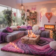 a living room filled with lots of furniture and candles on top of a rug next to a fire place