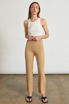 Luxurious wool cashmere touch ribbed knit straight leg pants. Knitted sets are having a moment right now, they're comfortable to wear and look so chic. These high waisted pants are comfortable and an essential. Ribbed Knit Pants, Knitted Pants, Contemporary Wardrobe, Beige Pants, Knit Bottom, Knit Pants, Knit Set, Straight Leg Pants, High Waisted Pants