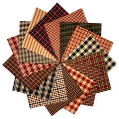 a bunch of different colored plaid fabric squares