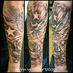 this is an image of some tattoos on someone's arm and leg with roses