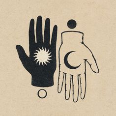 a drawing of a hand with a sun and moon on it next to a glove