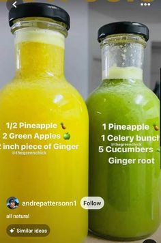 two glass bottles filled with green smoothie and orange juice, each containing different ingredients