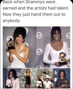 two women holding trophies in their hands, one is wearing a white dress and the other has