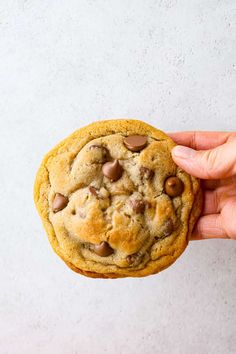 a person holding a chocolate chip cookie in their hand