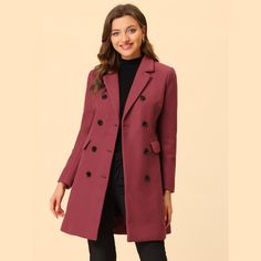 This coat is a fashionable piece for your wardrobe, featuring classic long sleeves and double-breasted buttons. A solid color keeps this piece perfectly sophisticated. It is paired perfectly with your favorite pants and boots for a charming look. A Day-to-Night Coat for Your Everyday Fashion. Occasions: This coat suits coffee shops, shopping, work, office, business, weekend gatherings, formal, and outdoors in chilly cold winter. Double Breasted Overcoat, Winter Overcoat, Watermelon Red, Long Winter Coats, Double Breasted Trench Coat, Pink Coat, Wool Peacoat, Office Business, Work Office