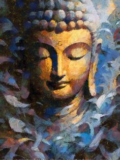 a painting of a buddha statue with its eyes closed