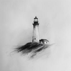 a black and white photo of a lighthouse on top of a hill in the ocean