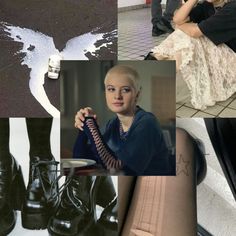 a collage of photos with women in black shoes and white paint on the ground