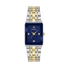 You'll be on time, every time with this sophisticated women's Bulova two-tone stainless steel watch, featuring a brilliant blue dial dotted with diamond accents. DISPLAY Dial color: blue with diamond-accent hour markers Face cover material: faceted mineral crystal CASE Material: silver-tone & gold-tone stainless steel Size: 21 mm x 21 mm BAND Material: silver-tone & gold-tone stainless steel Clasp: deployment Circumference: 190 mm (links removable down to 140 mm) Width: 17 mm Not the right fit? Visit your local Kohl's retail store for a free adjustment. DETAILS Movement: quartz Power: battery Water resistance: 30 meters Packaging: gift boxed Warranty: manufacturer's 3-year limited For warranty information please click here Model number: 98P177 Size: Medium. Color: Multicolor. Gender: femal Be On Time, Packaging Gift, Women Diamond, Two Tone Watch, Steel Watch, Stainless Steel Watch, Face Cover, Minerals Crystals, Retail Store