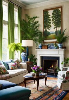 a living room filled with furniture and a fire place in front of a painting on the wall