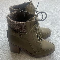 Olive Sage Green Heeled Boots, Brand New, Never Been Worn Green Heeled Boots, Olive Green Boots, Olive Sage Green, Green Boots, Lace Up Booties, Green Brown, Shoes Heels Boots, Green And Brown, Cute Shoes