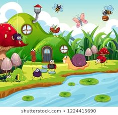 an illustration of many bugs in front of a house with water and butterflies flying around