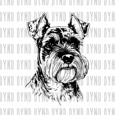 a black and white drawing of a dog's face with the words dynd on