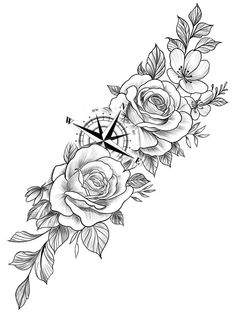 a rose and compass tattoo design on the side of a woman's arm, with leaves