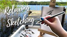 a person is holding a pencil and drawing on a notebook with the words relaxing sketching