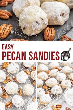 pecan sandies on a cooling rack with pecans and powdered sugar in the background