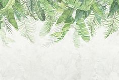 green leaves on white background with watercolor effect in the bottom right corner, and below it is an image of palm fronds