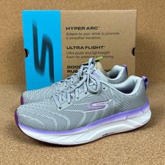 Skechers Performance Go Run Balance 2 Shoes Women's Size 8 Gray Purple New In Box Comfortable Purple Running Sneakers, Purple Breathable Sneakers For Training, Gray Low-top Running Shoes With Arch Support, Gray Shoes Women, Comfortable Non-slip Gray Running Shoes, Fade-resistant Purple Running Shoes For Sports, Skechers Shape Ups, Black Skechers, Hidden Wedge Sneakers