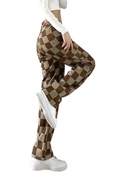 Brown Checkered Wide Jeans for Women Indie Aesthetic