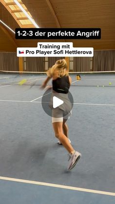 a woman is running on a tennis court with a racket in her hand and the words training mit pro player soft hettelova