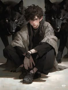 a man kneeling down next to three black wolfs