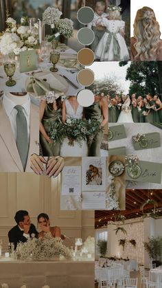 a collage of wedding pictures with green and white colors