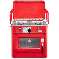 an old fashioned red stove with two burners and one oven door open, on a white background