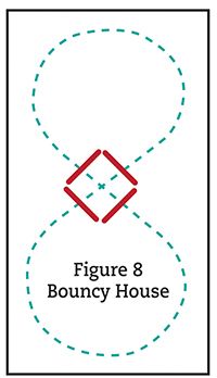 the figure 8 bouncy house logo is shown in red and green on white