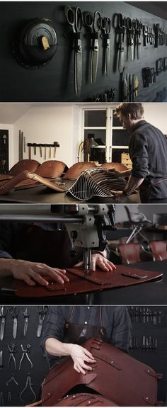 a man working on leather in a shop with lots of tools hanging from the wall