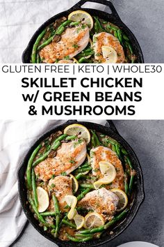 two skillets with chicken, green beans and mushrooms in them on top of a table