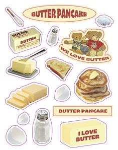 a bunch of stickers with different types of food and words on them that say butter pancake, butter love butter