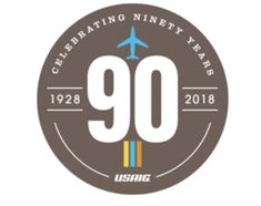 the 90 year anniversary logo with an airplane in the middle and words celebrating ninety years