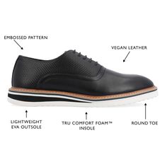 The Weber oxford from Vance Co. is as perfect for work as it is for the weekend. Their lightweight EVA outsole lace-up closure and vegan leather will give you the perfect fit. The 12 mm Tru Comfort Foam� massaging insole cushioned tongue and elastic gusset will keep your feet comfortable all day. Black Lace-up Shoes For Business In Spring, Black Lace-up Business Shoes For Spring, Black Lace-up Shoes For Business Spring Season, Black Dress Shoes With Textured Sole For Work, Black Oxford Lace-up Spring Shoes, Black Synthetic Oxfords With Textured Sole, Black Lace-up Synthetic Oxfords, Black Wingtip Lace-up Shoes For Work, Casual Oxfords With Perforated Toe Box For Work