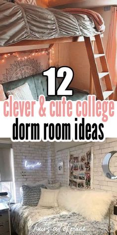 dorm room decorating ideas with text overlaying the top and bottom pictures,