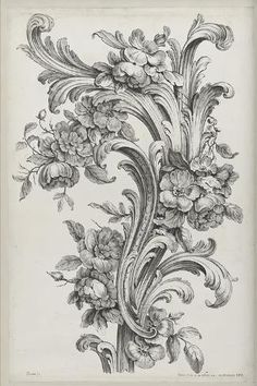 a drawing of flowers with leaves and swirls on the stems, in black ink