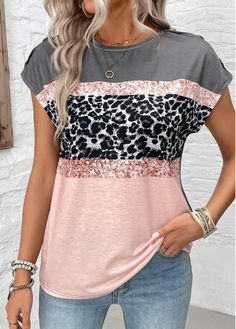 Color:Pink;Size:S;Size:M;Size:L;Size:XL;Size:XXL;Package Contents:1 X T Shirt;Occasion:Other;Style:Bohemian; Leopard Shorts, Contrast Top, Sequin Blouse, Spring Tops, Plus Size Tops, T Shirt Top, Insta Fashion, Leopard Print, Round Neck