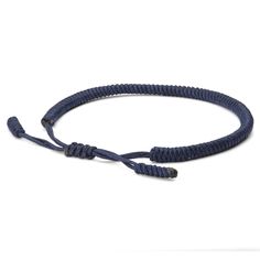 a blue rope bracelet on a white background