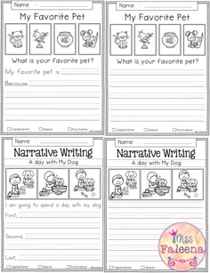 four worksheets for writing with the words'my favorite pet '