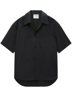 black/white cotton poplin texture pinstripe pattern classic collar short sleeves front button fastening curved hem When buying this unisex item, keep in mind that it is graded in standard men's sizing. Black Shirt With Striped Collar, Black Relaxed Fit Shirt For Business, Relaxed Fit Black Business Shirt, Classic Short Sleeve Business Shirt, Black Shirt With Striped Collar For Summer, Classic Pinstripe Tops For Workwear, Short Sleeve Shirt With Concealed Placket For Work, Relaxed Fit Short Sleeve Business Shirt, Black Formal Top With Striped Collar