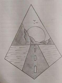 a pencil drawing of a road going into the mountains with a bird flying over it