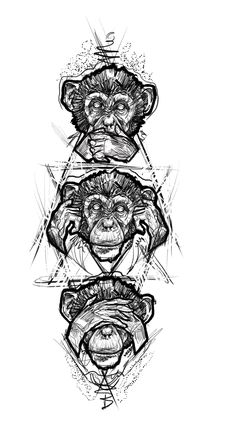 three monkeys with their faces drawn in black and white, on top of each other