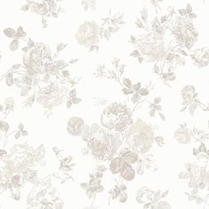 a white wallpaper with flowers and leaves on the top, in shades of grey