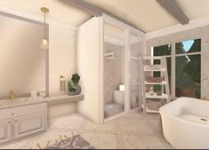 a bathroom with a large white tub next to a walk in shower