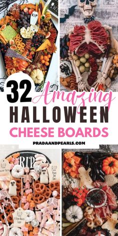 halloween cheese boards with text overlay that reads 32 amazing halloween cheese board designs and ideas