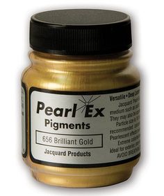 a jar of gold colored paint with black cap on the top and bottom, labeled pearl ex pigments 666 brilliant gold