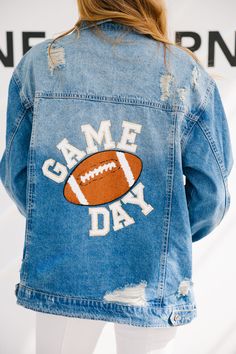 This is a made-to-order item. All customized orders are currently shipping within 7 business days. To receive items quicker, expedited shipping is available at checkout. Uga Painted Denim Jacket, Nfl Denim Jacket, Game Day Jacket, Jeans Skirt Outfit, Jacket Outfit